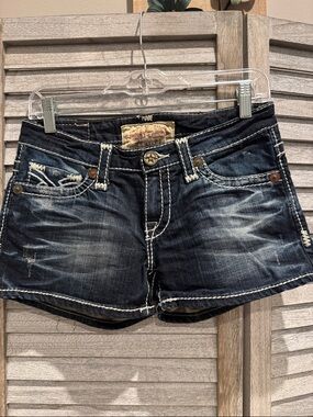 146. Big Star Blue Dark Wash Denim Jean Shorts with White Contrast Stitching